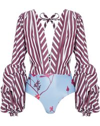 Johanna Ortiz Floure Striped Cotton-blend Poplin And Floral-print Stretch-jersey Bodysuit Burgundy - Multicolor