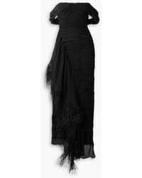 Sandra Mansour - Water Body Off-the-shoulder Feather-trimmed Silk-blend Georgette Maxi Dress - Lyst
