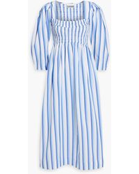 Ganni - Shirred Striped Cotton-poplin Midi Dress - Lyst