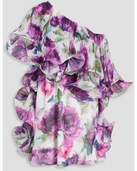Badgley Mischka - One-shoulder Pleated Floral-print Chiffon Mini Dress - Lyst