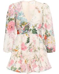 Zimmermann Crochet-trimmed Floral-print Linen-gauze Playsuit Ecru - Multicolour