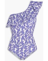 Isabel Marant - Badeanzug "sicilya" mit asymmetrischer schulterpartie, blumenprint und rüschen - Lyst