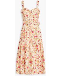 Rebecca Vallance - Belted Printed Linen-blend Midi Dress - Lyst