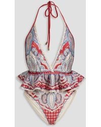 Zimmermann - Ruffled Paisley-print Halterneck Swimsuit - Lyst