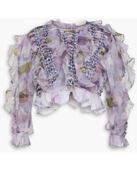 Zimmermann - Cropped Ruffled Printed Silk-organza Top - Lyst