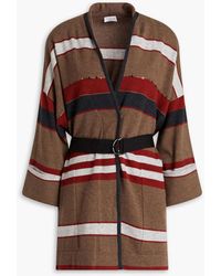 Brunello Cucinelli - Belted Embellished Striped Cashmere Cardigan - Lyst