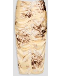 Alessandra Rich - Ruched Floral-Print Silk-Blend Satin Midi Pencil Skirt - Lyst