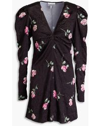 Ganni - Ruched floral-print satin mini dress - Lyst