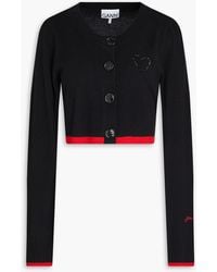 Ganni - Cropped Bead-embellished Wool And Cashmere-blend Cardigan - Lyst