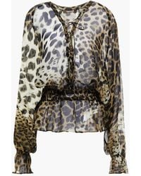 Roberto Cavalli - Embellished Gathered Leopard-print Silk-chiffon Blouse - Lyst