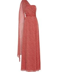 Mikael Aghal One-shoulder Belted Printed Georgette Gown - Red