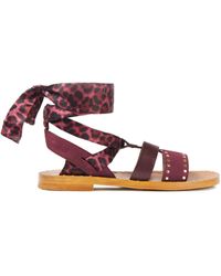 Sandro Studded Suede, Leather And Leopard-print Satin Sandals Merlot - Multicolour