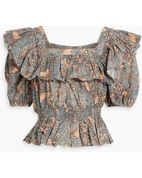 Ulla Johnson - Warner bedruckte bluse aus einer baumwollmischung mit rüschen - Lyst