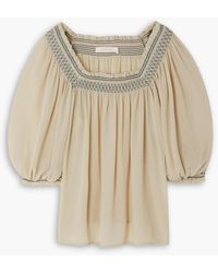 See By Chloé - Embroidered Smocked Georgette Blouse - Lyst