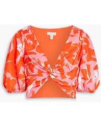 ML Monique Lhuillier - Cropped Twisted Floral-print Taffeta Top - Lyst