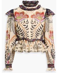 FARM Rio - Ruffled Printed Cotton-Voile Blouse - Lyst