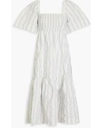 Ganni - Striped Cotton-blend Seersucker Midi Dress - Lyst