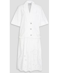 Ganni - Broderie Anglaise-paneled Cotton-poplin Midi Shirt Dress - Lyst