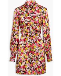 Ganni - Ruched Floral-print Silk-blend Satin Mini Shirt Dress - Lyst