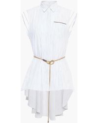 Brunello Cucinelli Asymmetric belted bead-embellished striped cotton-poplin shirt - Weiß