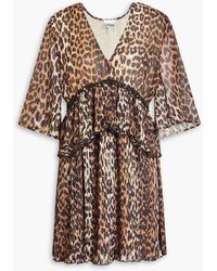 Ganni - Ruffled Leopard-Print Crepe De Chine Mini Dress - Lyst
