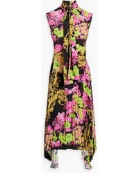 Versace - Printed Plissé Crepe De Chine Midi Dress - Lyst