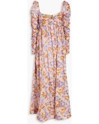 Zimmermann - Gathered Floral-print Cotton-gauze Midi Dress - Lyst