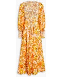 Zimmermann - Midikleid aus baumwolle mit floralem print und raffung - Lyst