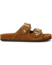 Maje Studded Buckled Suede Sandals Brown