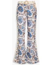 Zimmermann - Belted Crochet-trimmed Floral-print Linen Flared Pants - Lyst