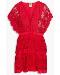 FARM Rio - Tiered Guipure Lace-Paneled Cotton Mini Dress - Lyst