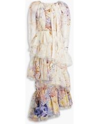 Zimmermann - Tiered Floral-print Silk And Linen-blend Midi Dress - Lyst