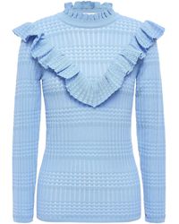 Sandro Ruffled Pointelle-knit Top Light Blue