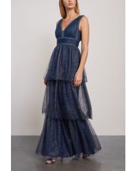 Marchesa notte Tiered Embellished Metallic Tulle Gown Navy - Blue