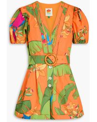 FARM Rio - Belted Floral-print Cotton-poplin Playsuit - Lyst