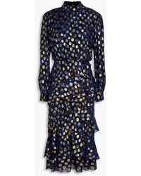 Saloni - Ruffled Metallic Polka-Dot Floral-Jacquard Midi Dress - Lyst