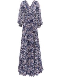 Mikael Aghal Pleated Cutout Floral-print Chiffon Gown Navy - Blue