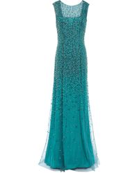 Jenny Packham Assana Open-back Beaded Tulle Gown Teal - Blue
