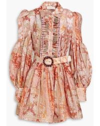 Zimmermann - Belted Floral-print Linen And Silk-blend Mini Shirt Dress - Lyst