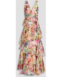 Marchesa - Gestufte robe aus organza mit floralem print und stickereien - Lyst