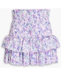 Maje - Ruffled Shirred Floral-print Satin Mini Skirt - Lyst
