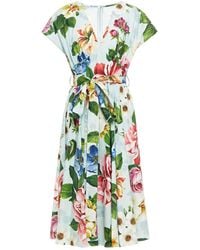 Dolce & Gabbana - Belted Floral-print Cotton-poplin Midi Dress - Lyst