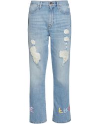 FRAME Embroidered Distressed High-rise Straight-leg Jeans Light Denim - Blue
