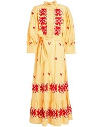 Antik Batik Patty Belted Ruffle-trimmed Embroidered Gingham Cotton Midi Dress - Yellow