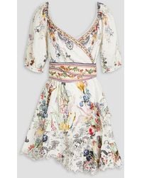 CAMILLA - Embellished Floral-print Linen Mini Wrap Dress - Lyst