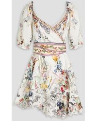 Camilla - Embellished Floral-print Linen Mini Wrap Dress - Lyst