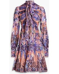 Zimmermann - Pussy-bow Ruched Printed Georgette Mini Dress - Lyst