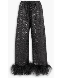 Oséree - Feather-trimmed Sequined Satin Straight-leg Pants - Lyst