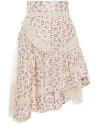 Zimmermann Asymmetric Floral-print Silk-shantung, Flocked Tulle And Lace Skirt - Pink
