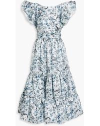 Badgley Mischka - Ruffled Floral-print Satin-twill Midi Dress - Lyst